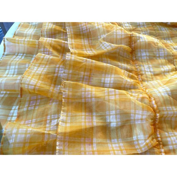 Vintage 70s quilted bedspread, yellow checkered, ruffled satin bed cover, twin - Picture 7 of 9